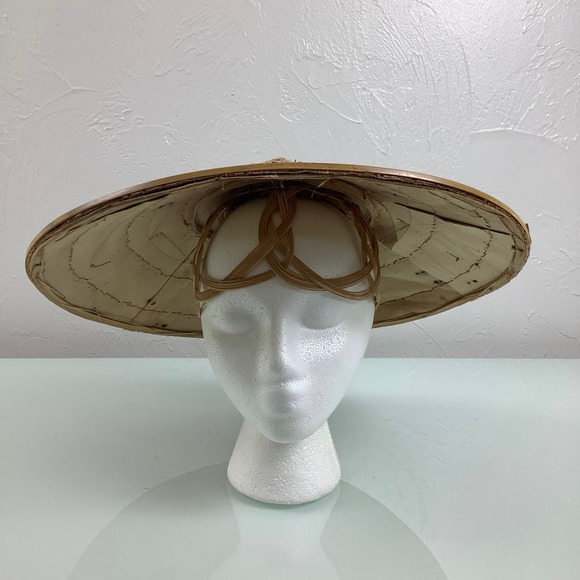 VTG Asian Wicker Bamboo Hat Woven Gardening Beach Field Handmade SZ OSFM